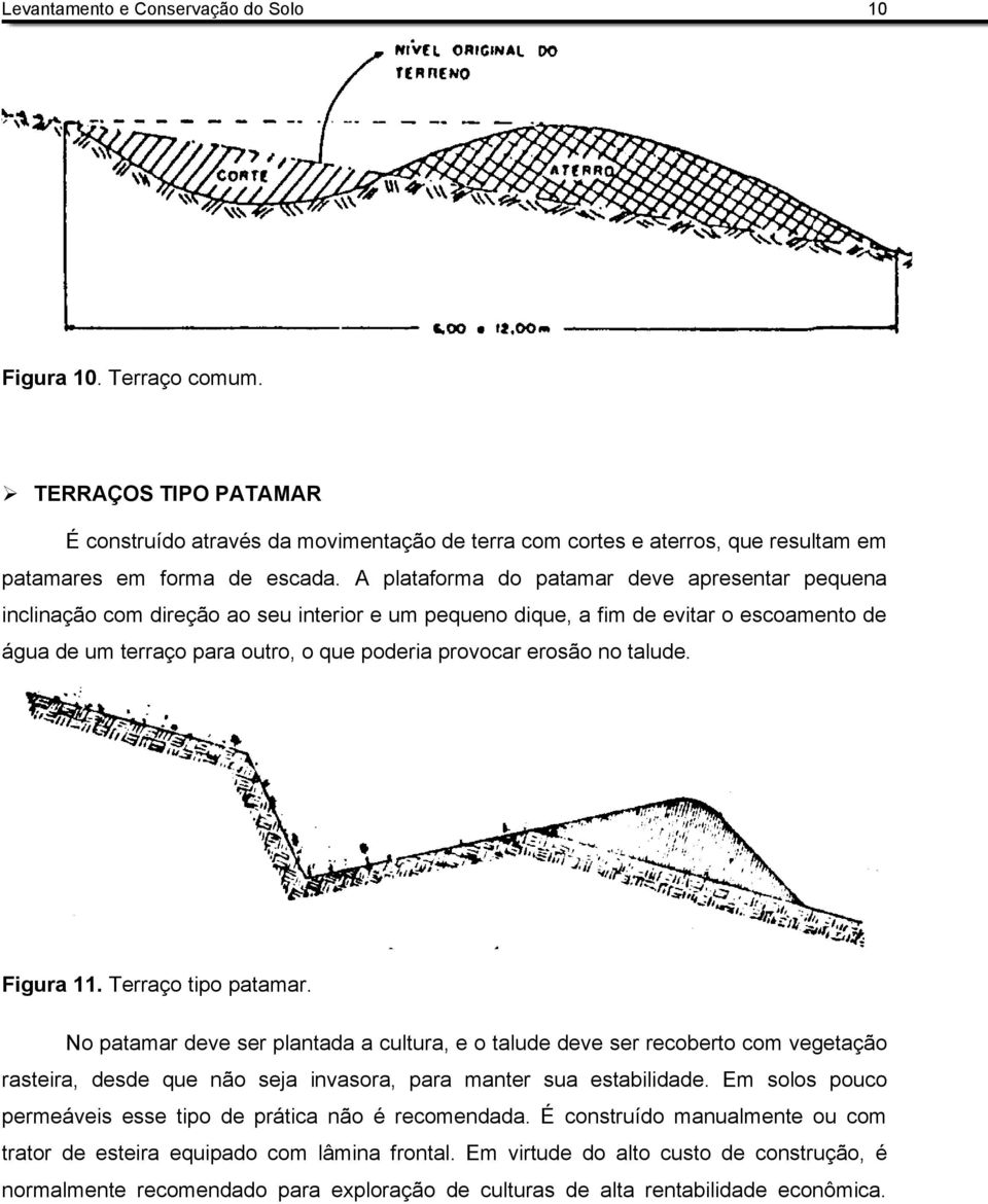 no talude. Figura 11. Terraço tipo patamar. No patamar deve ser plantada a cultura, e o talude deve ser recoberto com vegetação rasteira, desde que não seja invasora, para manter sua estabilidade.