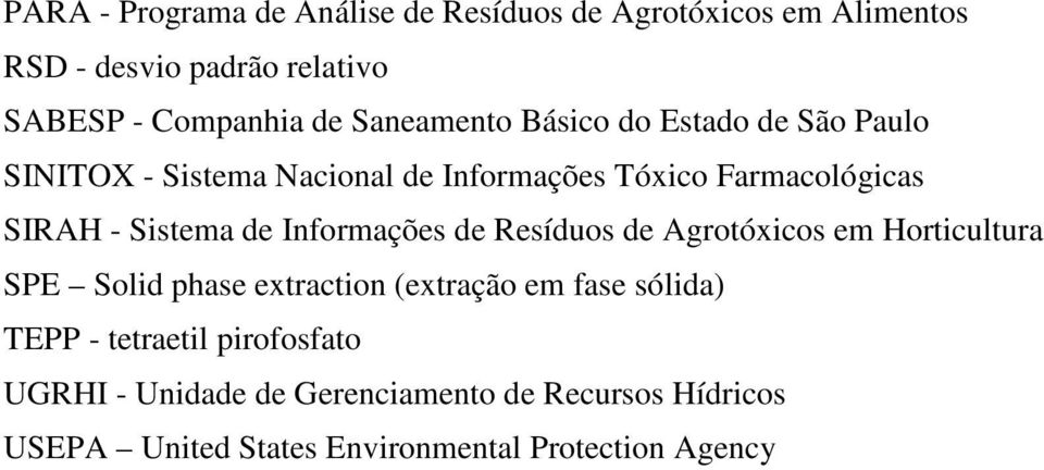 de Informações de Resíduos de Agrotóxicos em Horticultura SPE Solid phase extraction (extração em fase sólida) TEPP -