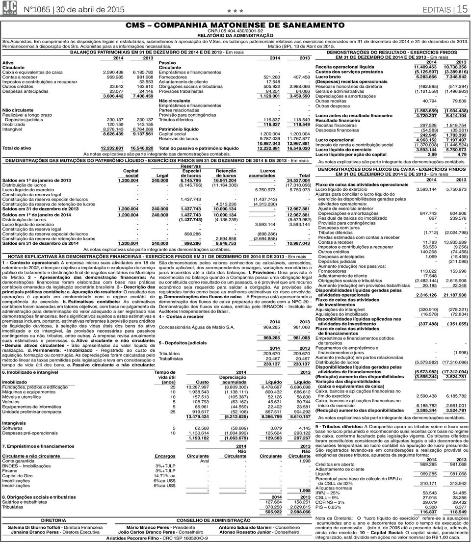 Permanecemos à disposição dos Srs. Acionistas para as informações necessárias. Matão (SP), 13 de Abril de 2015.