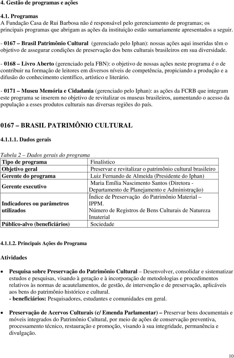 - 0167 Brasil Patrimônio Cultural (gerenciado pelo Iphan): nossas ações aqui inseridas têm o objetivo de assegurar condições de preservação dos bens culturais brasileiros em sua diversidade.