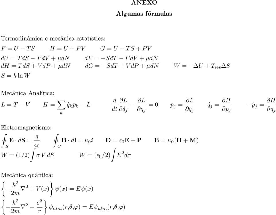 dt q j q j p j = L q j q j = H p j ṗ j = H q j Eletromagnetismo: E ds = q B dl = µ 0 i D = ǫ 0 E + P B = µ 0 (H + M) S ǫ 0 C W =