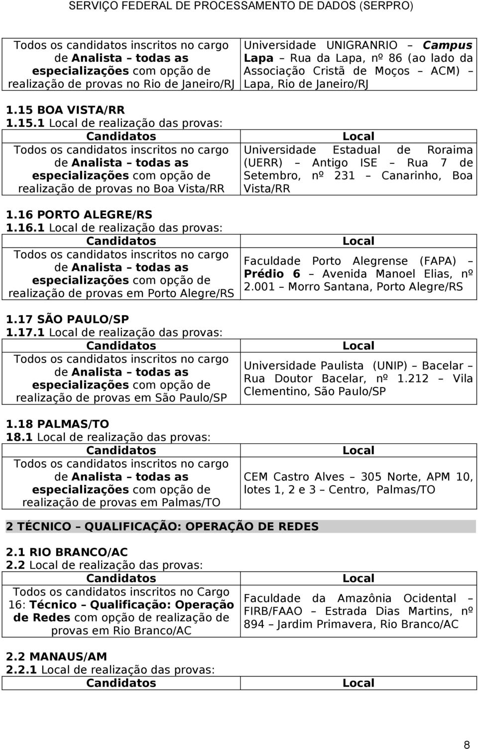 1 de realização das provas: no cargo Palmas/TO Universidade UNIGRANRIO Campus Lapa Rua da Lapa, nº 86 (ao lado da Associação Cristã de Moços ACM) Lapa, Rio de Janeiro/RJ Universidade Estadual de