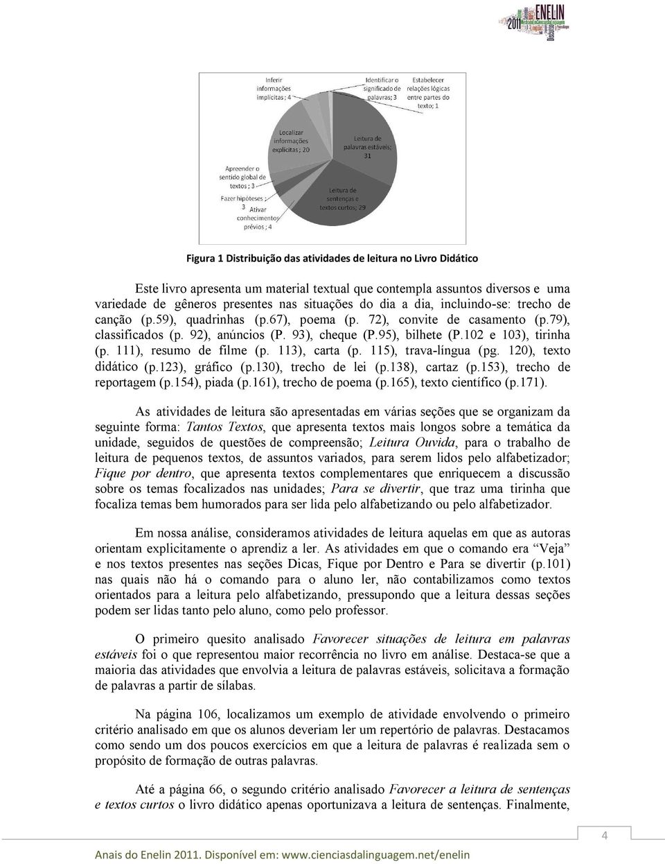 111), resumo de filme (p. 113), carta (p. 115), trava-língua (pg. 120), texto didático (p.123), gráfico (p.130), trecho de lei (p.138), cartaz (p.153), trecho de reportagem (p.154), piada (p.