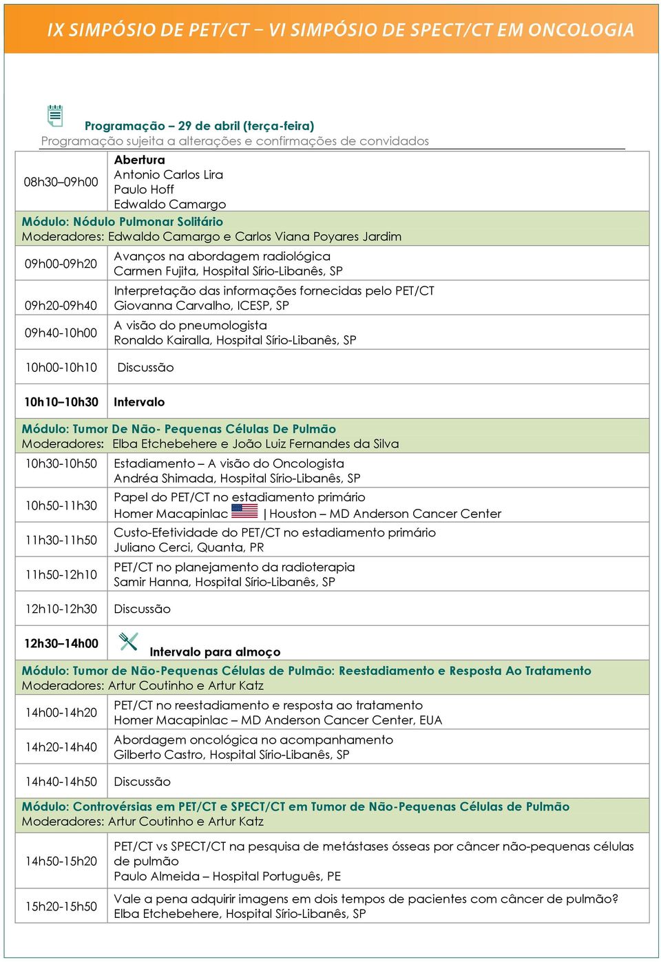 informações fornecidas pelo PET/CT Giovanna Carvalho, ICESP, SP A visão do pneumologista Ronaldo Kairalla, Hospital Sírio-Libanês, SP 10h00-10h10 10h10 10h30 Módulo: Tumor De Não- Pequenas Células De