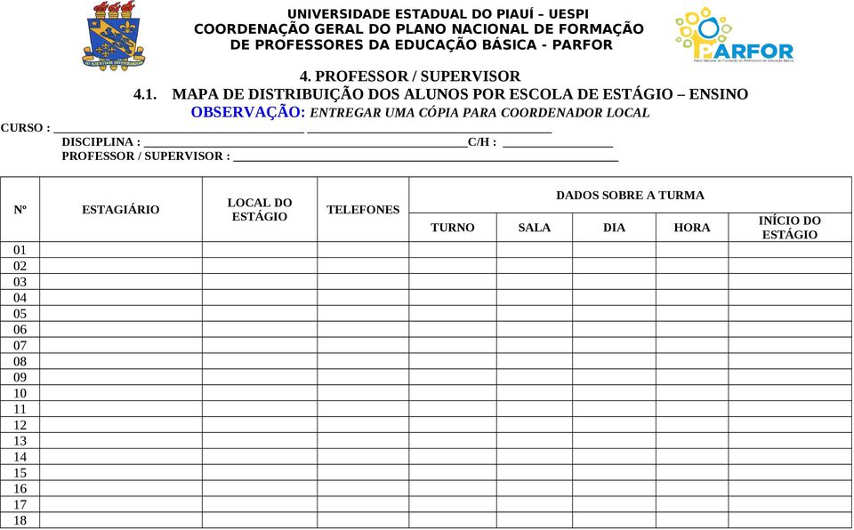 MAPA DE DISTRIBUIÇÃO DOS ALUNOS POR ESCOLA DE ESTÁGIO ENSINO OBSERVAÇÃO: ENTREGAR UMA CÓPIA PARA COORDENADOR LOCAL