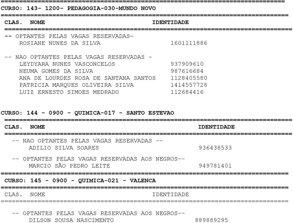 1128405580 PATRICIA MARQUES OLIVEIRA SILVA 1414557728 LUIZ ERNESTO SIMOES MEDRADO 112684416 CURSO: 144-0900 - QUIMICA-017 - SANTO