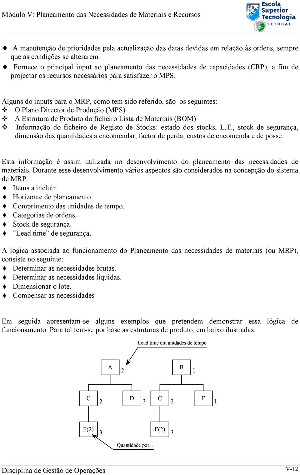 Alguns do inputs para o MRP, como tem sido referido, são os seguintes: O Plano Director de Produção (MPS) A Estrutura de Produto do ficheiro Lista de Materiais (BOM) Informação do ficheiro de Registo