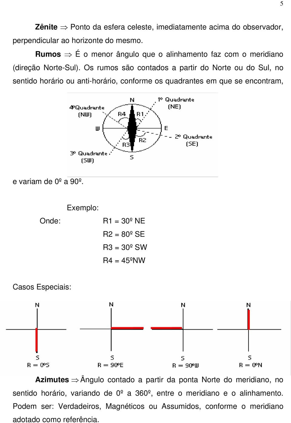 Os rumos são contados a partir do Norte ou do Sul, no sentido horário ou anti-horário, conforme os quadrantes em que se encontram, e variam de 0º a 90º.