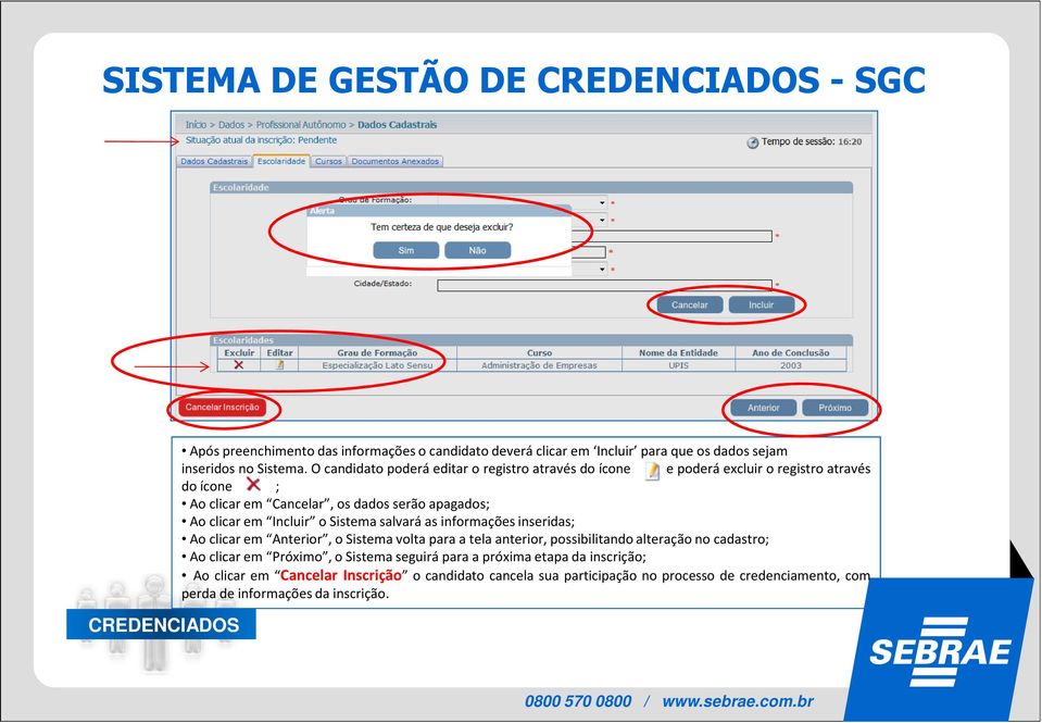 Incluir o Sistema salvará as informações inseridas; Ao clicar em Anterior, o Sistema volta para a tela anterior, possibilitando alteração no cadastro; Aoclicarem