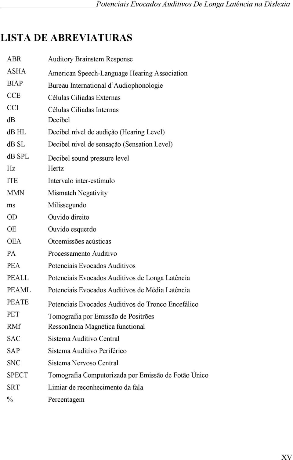 audição (Hearing Level) Decibel nível de sensação (Sensation Level) Decibel sound pressure level Hertz Intervalo inter-estímulo Mismatch Negativity Milissegundo Ouvido direito Ouvido esquerdo