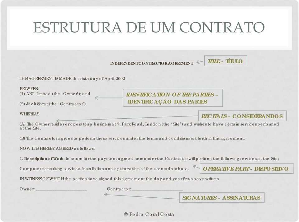 Site. (B) The Contractor agrees to perform these services under the terms and conditions set forth in this agreement. NOW IT IS HEREBY AGREED as follows: RECITALS - CONSIDERANDOS 1.