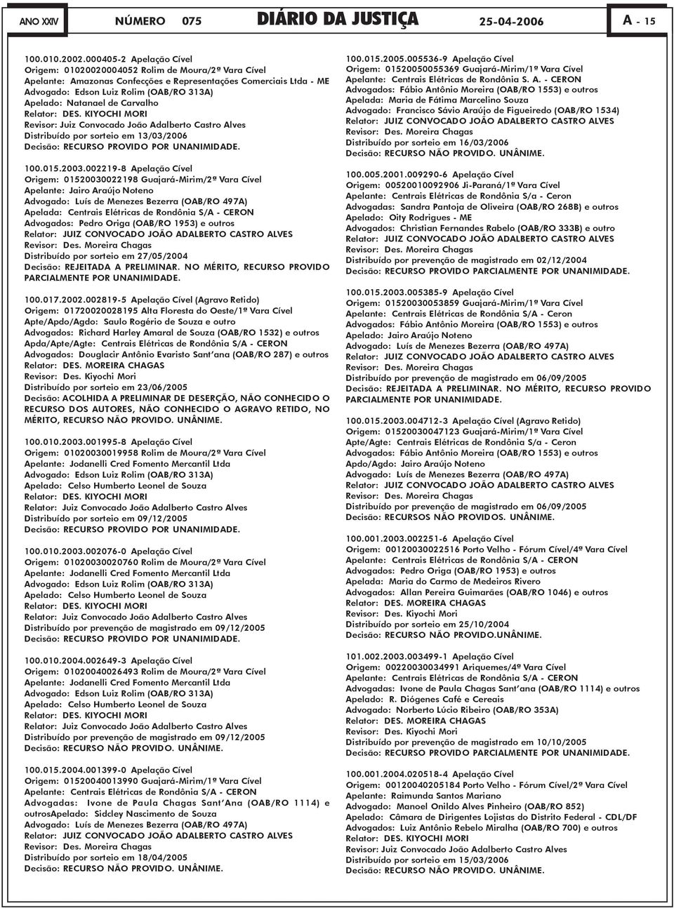 Natanael de Carvalho Relator: DES. KIYOCHI MORI Revisor: Juiz Convocado João Adalberto Castro Alves Distribuído por sorteio em 13/03/2006 Decisão: RECURSO PROVIDO POR UNANIMIDADE. 100.015.2003.