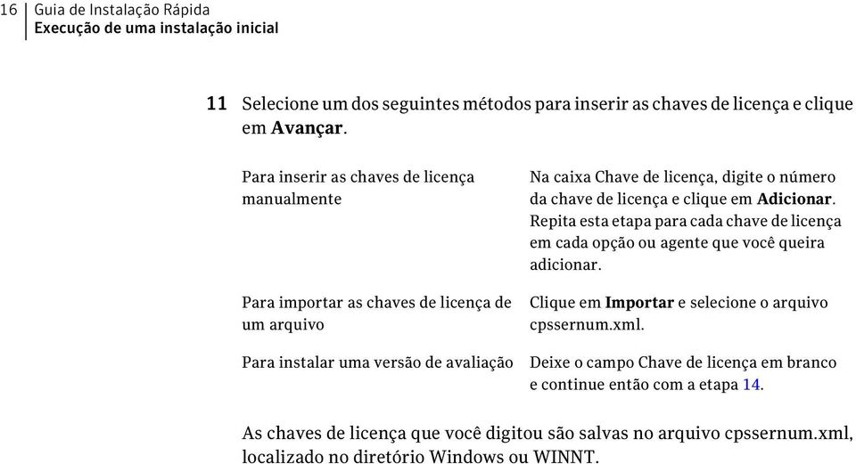 chave de licença e clique em Adicionar. Repita esta etapa para cada chave de licença em cada opção ou agente que você queira adicionar.