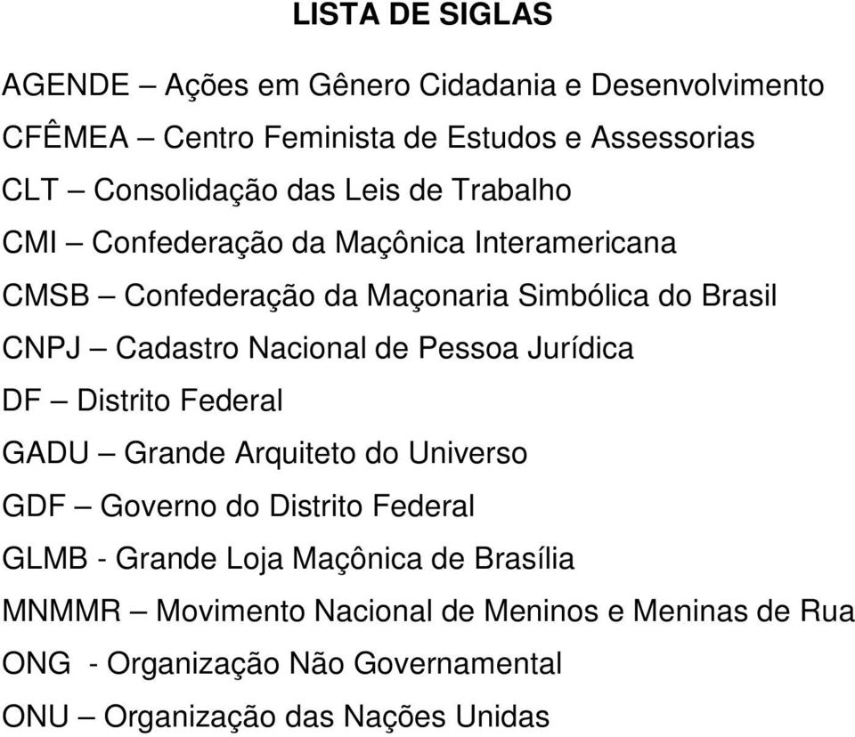 Nacional de Pessoa Jurídica DF Distrito Federal GADU Grande Arquiteto do Universo GDF Governo do Distrito Federal GLMB - Grande Loja