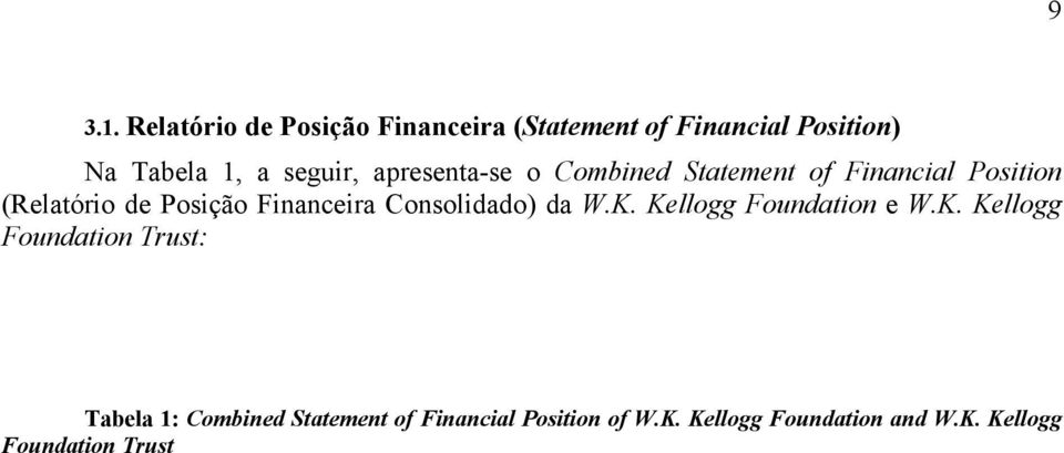 apresenta-se o Combined Statement of Financial Position (Relatório de Posição Financeira