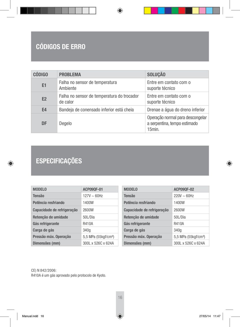 ESPECIFICAÇÕES MODELO Tensão ACP09QF-01 127V ~ 60Hz MODELO Tensão ACP09QF-02 220V ~ 60Hz Potência resfriando 1400W Potência resfriando 1400W Capacidade de refrigeração 2600W Capacidade de