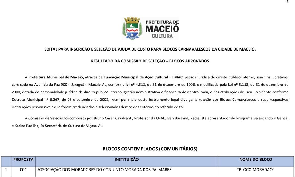 lucrativos, com sede na Avenida da Paz 900 Jaraguá Maceió-AL, conforme lei nº 4.513, de 31 de dezembro de 1996, e modificada pela Lei nº 5.