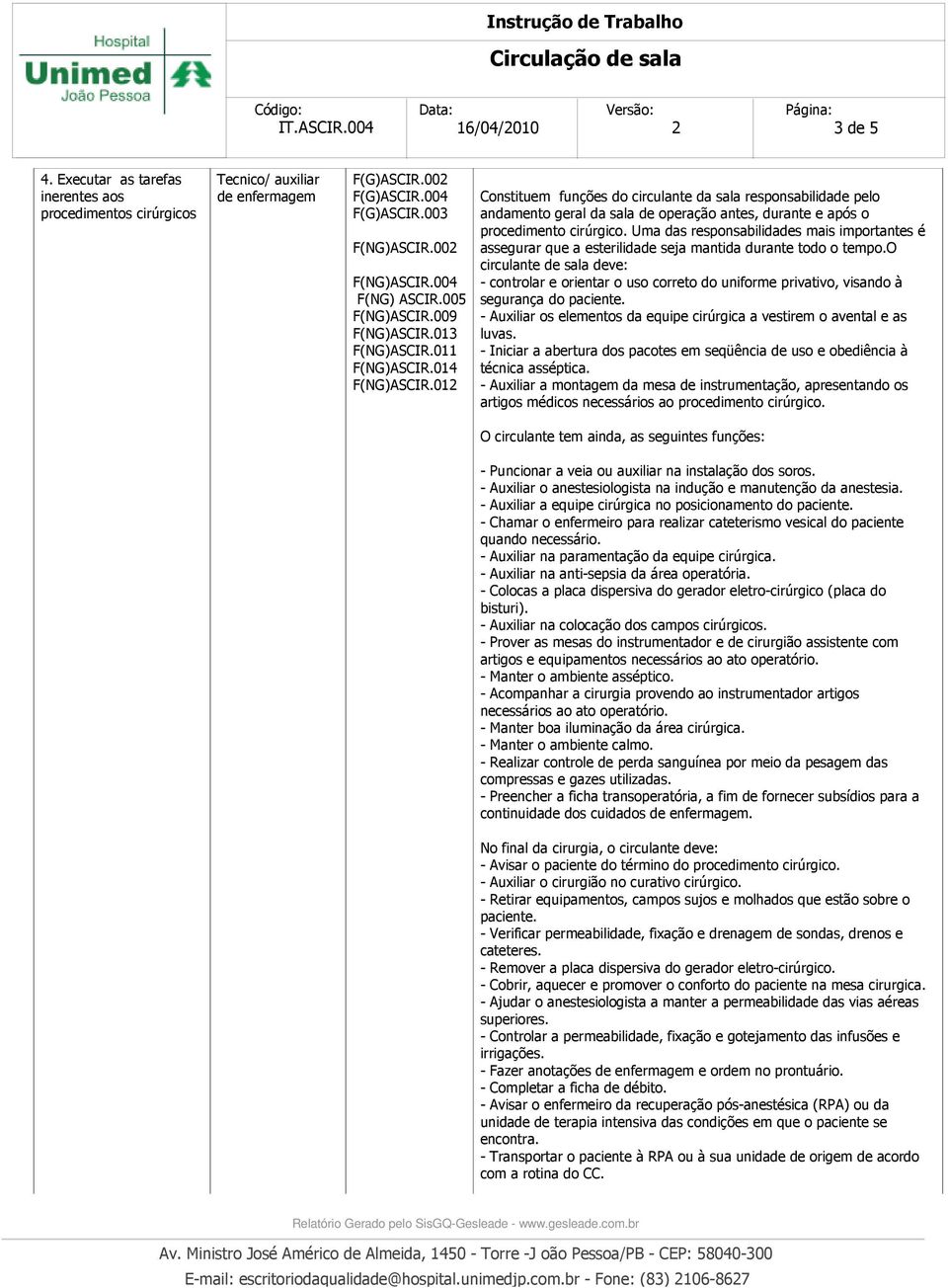 012 Constituem funções do circulante da sala responsabilidade pelo andamento geral da sala de operação antes, durante e após o procedimento cirúrgico.