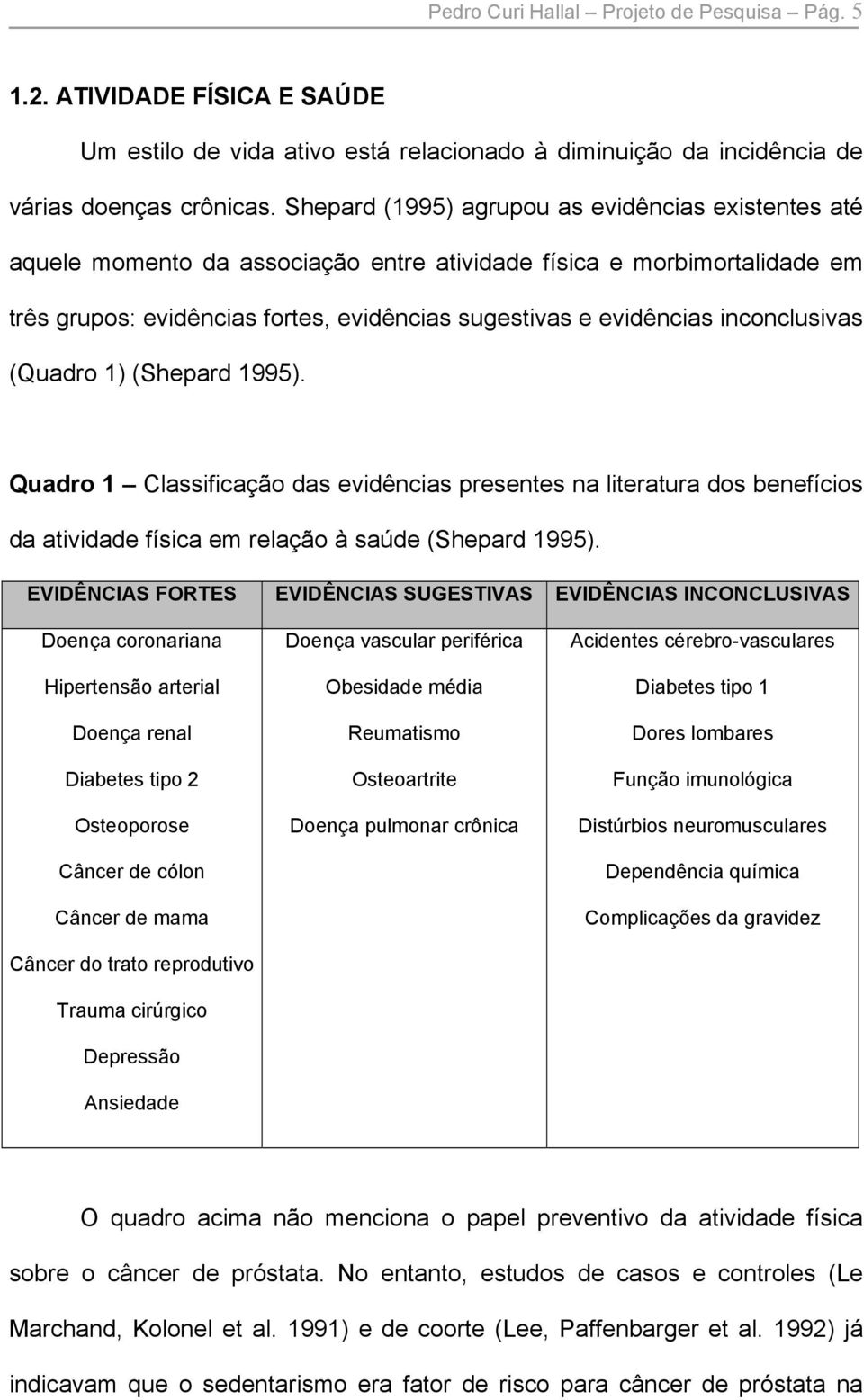 inconclusivas (Quadro 1) (Shepard 1995). Quadro 1 Classificação das evidências presentes na literatura dos benefícios da atividade física em relação à saúde (Shepard 1995).