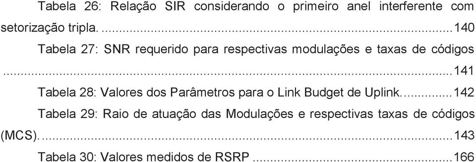 .. 141 Tabela 28: Valores dos Parâmetros para o Link Budget de Uplink.