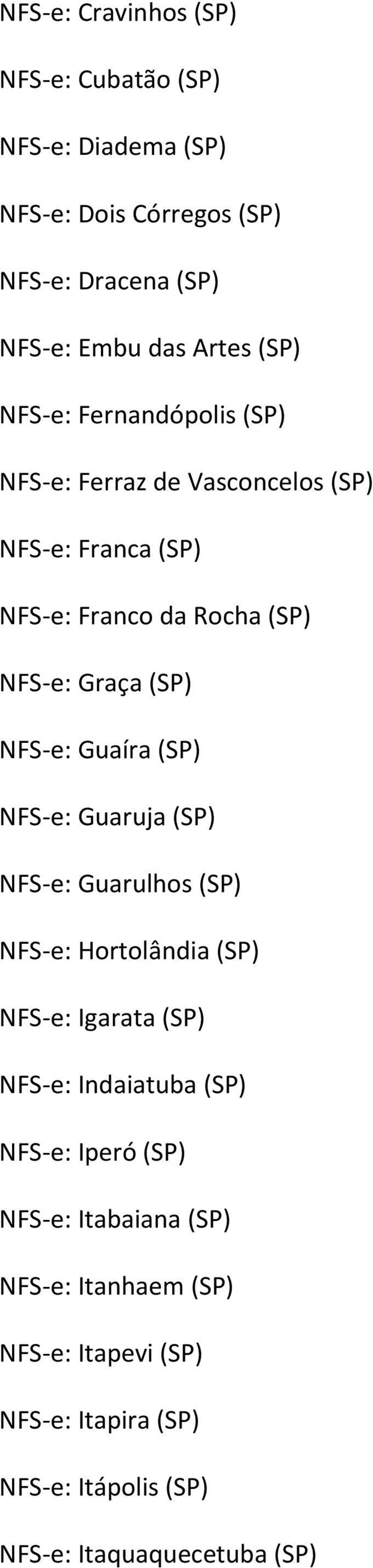 Guaíra (SP) NFS e: Guaruja (SP) NFS e: Guarulhos (SP) NFS e: Hortolândia (SP) NFS e: Igarata (SP) NFS e: Indaiatuba (SP) NFS e: Iperó