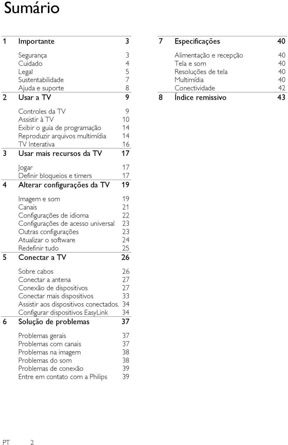 de acesso universal 23 Outras configurações 23 Atualizar o software 24 Redefinir tudo 25 5 Conectar a TV 26 Sobre cabos 26 Conectar a antena 27 Conexão de dispositivos 27 Conectar mais dispositivos