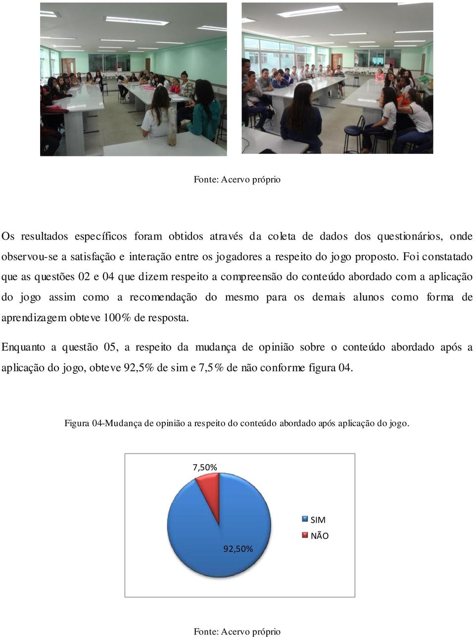 Foi constatado que as questões 02 e 04 que dizem respeito a compreensão do conteúdo abordado com a aplicação do jogo assim como a recomendação do mesmo para os demais alunos como