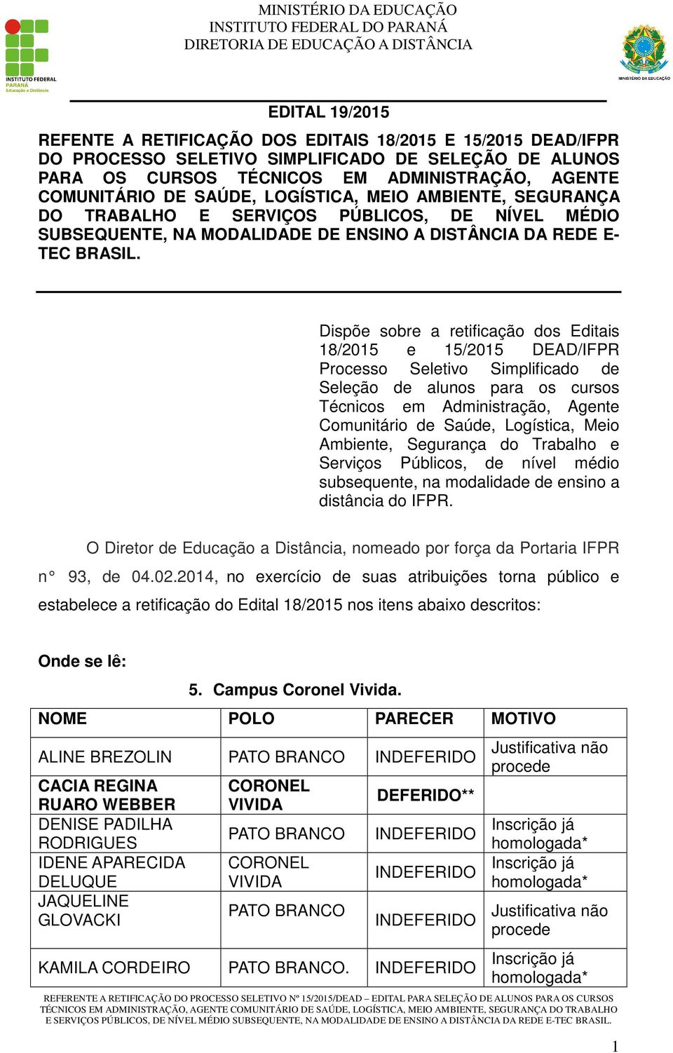 Dispõe sobre a retificação dos Editais 18/2015 e 15/2015 DEAD/IFPR Processo Seletivo Simplificado de Seleção de alunos para os cursos Técnicos em Administração, Agente Comunitário de Saúde,