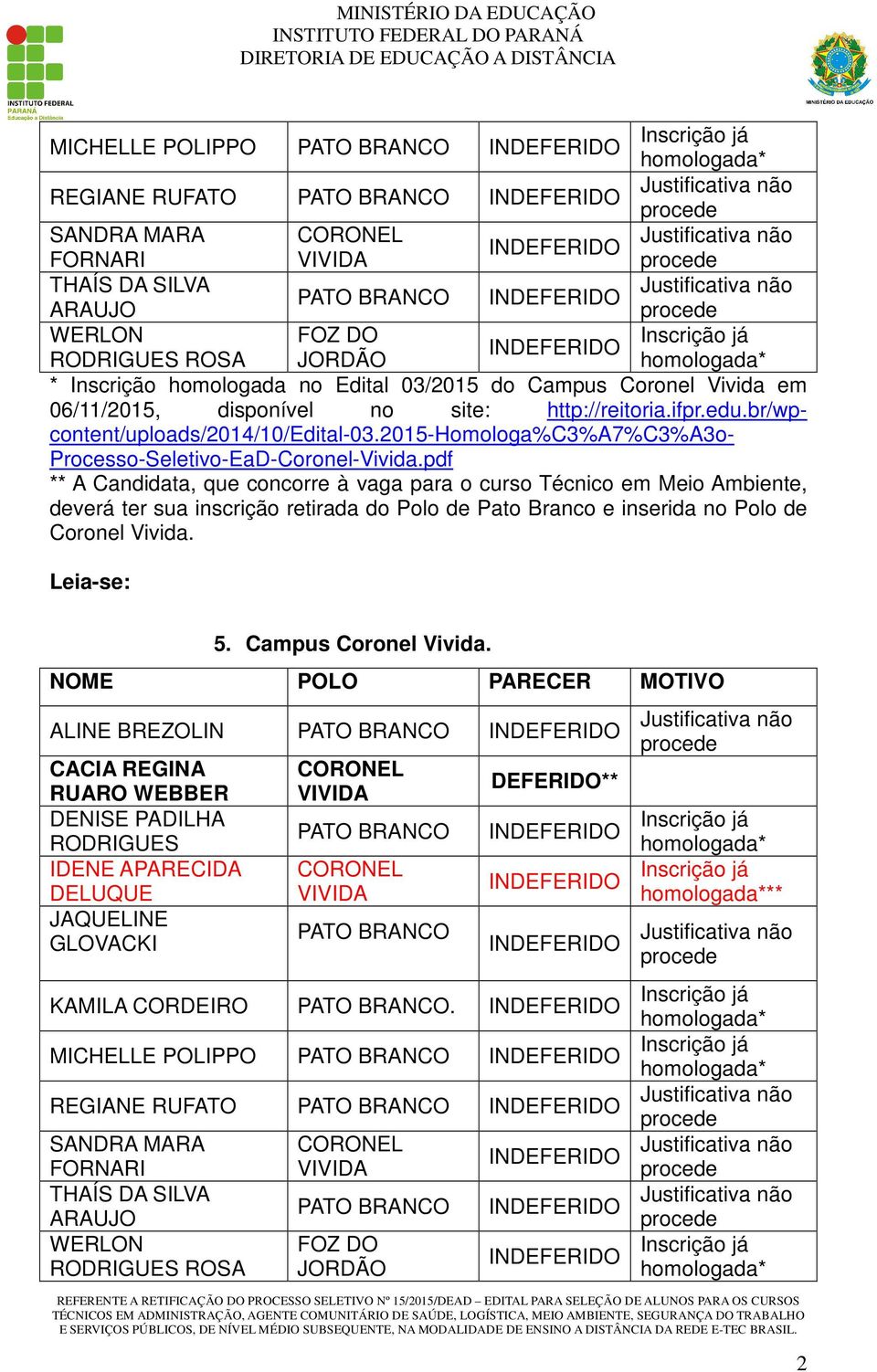 pdf ** A Candidata, que concorre à vaga para o curso Técnico em Meio Ambiente, deverá ter sua inscrição retirada do Polo de Pato Branco e inserida no Polo de Coronel Vivida. 5. Campus Coronel Vivida.