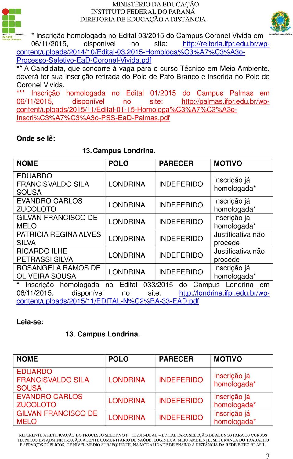 pdf ** A Candidata, que concorre à vaga para o curso Técnico em Meio Ambiente, deverá ter sua inscrição retirada do Polo de Pato Branco e inserida no Polo de Coronel Vivida.