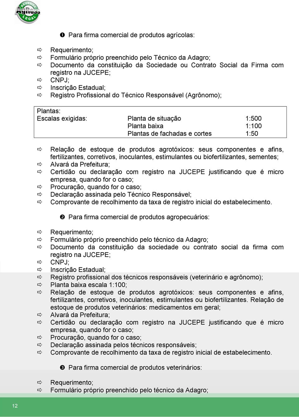 Relação de estoque de produtos agrotóxicos: seus componentes e afins, fertilizantes, corretivos, inoculantes, estimulantes ou biofertilizantes, sementes; Alvará da Prefeitura; Certidão ou declaração