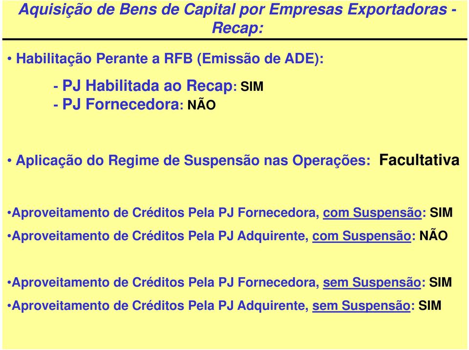 de Créditos Pela PJ Fornecedora, com Suspensão: SIM Aproveitamento de Créditos Pela PJ Adquirente, com Suspensão: NÃO