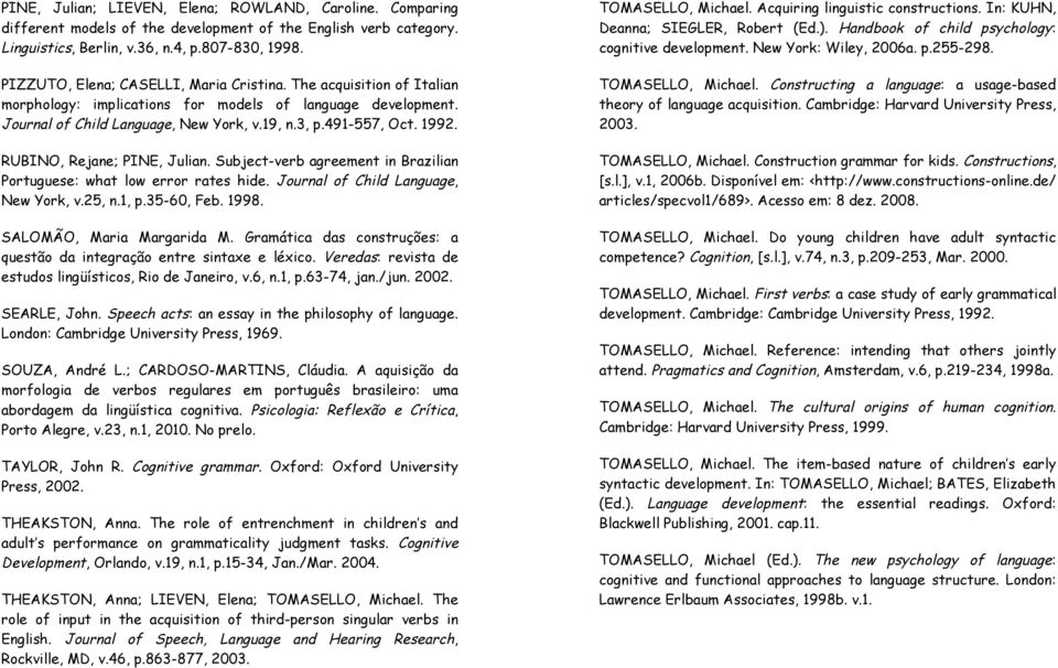 RUBINO, Rejane; PINE, Julian. Subject-verb agreement in Brazilian Portuguese: what low error rates hide. Journal of Child Language, New York, v.25, n.1, p.35-60, Feb. 1998. SALOMÃO, Maria Margarida M.