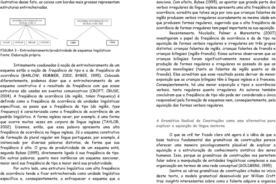 Colocado diferentemente, podemos dizer que o entrincheiramento de um esquema construtivo é o resultado da freqüência com que essas estruturas são usadas em eventos comunicativos (CROFT; CRUSE, 2004).