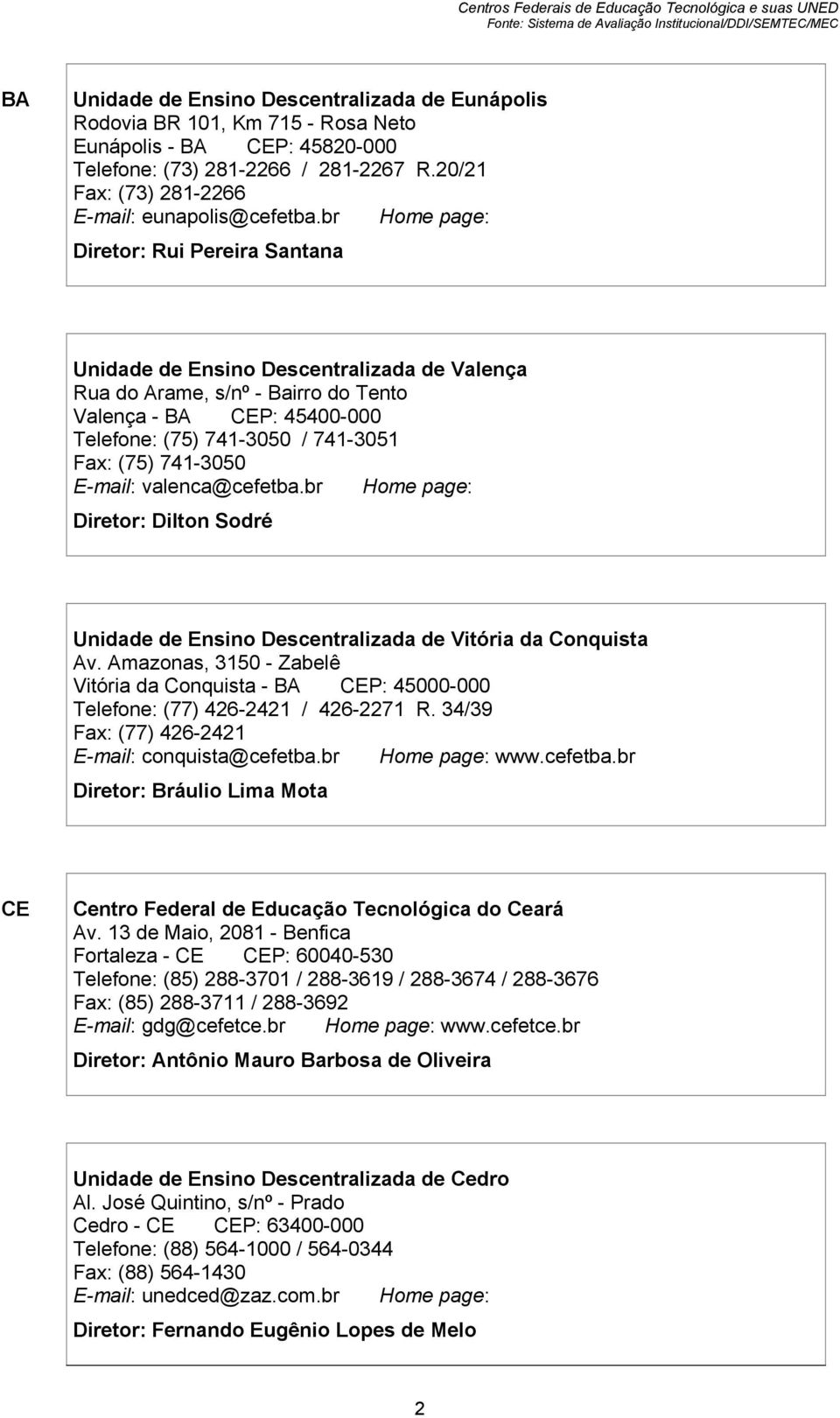 br Home page: Diretor: Rui Pereira Santana Unidade de Ensino Descentralizada de Valença Rua do Arame, s/nº - Bairro do Tento Valença - BA CEP: 45400-000 Telefone: (75) 741-3050 / 741-3051 Fax: (75)