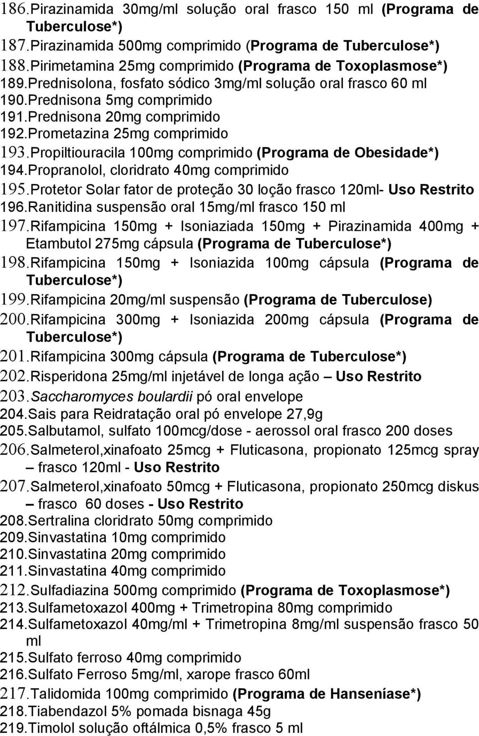 Prometazina 25mg comprimido 193.Propiltiouracila 100mg comprimido (Programa de Obesidade*) 194.Propranolol, cloridrato 40mg comprimido 195.