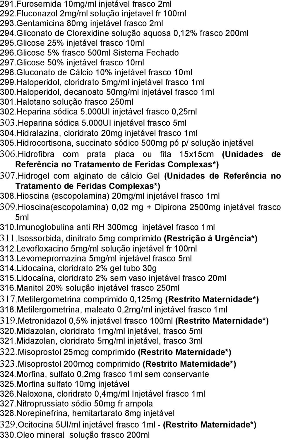 Gluconato de Cálcio 10% injetável frasco 10ml 299.Haloperidol, cloridrato 5mg/ml injetável frasco 1ml 300.Haloperidol, decanoato 50mg/ml injetável frasco 1ml 301.Halotano solução frasco 250ml 302.