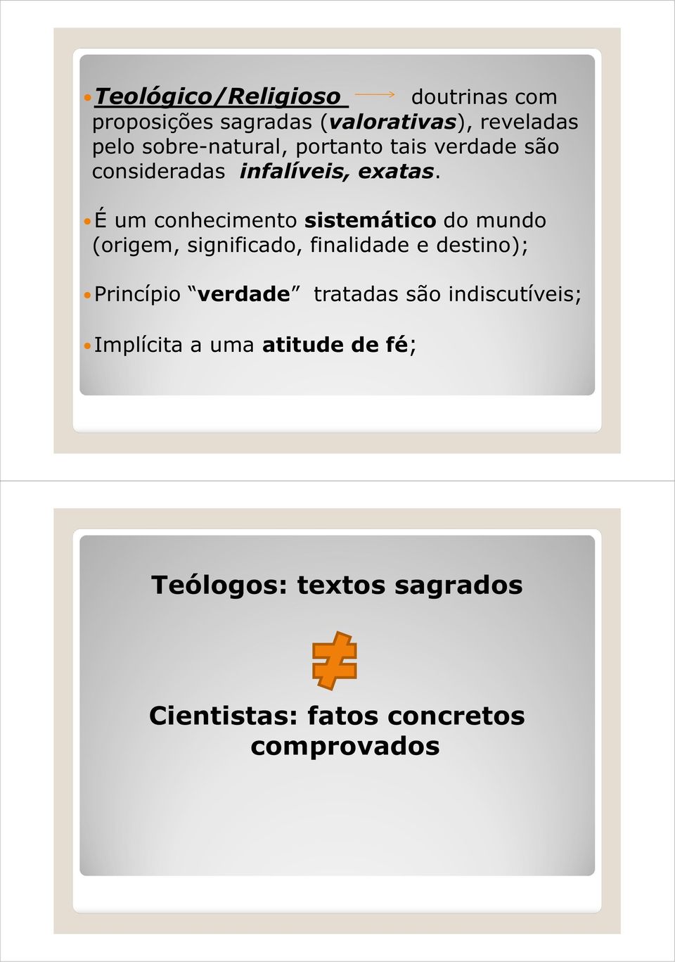 É um conhecimento sistemático do mundo (origem, significado, finalidade e destino); Princípio verdade