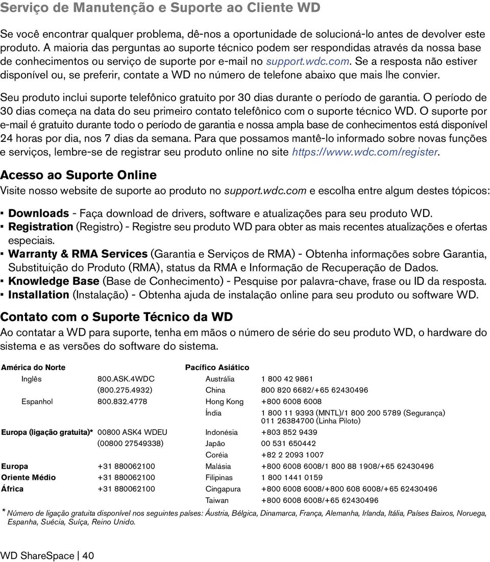 Se a resposta não estiver disponível ou, se preferir, contate a WD no número de telefone abaixo que mais lhe convier.