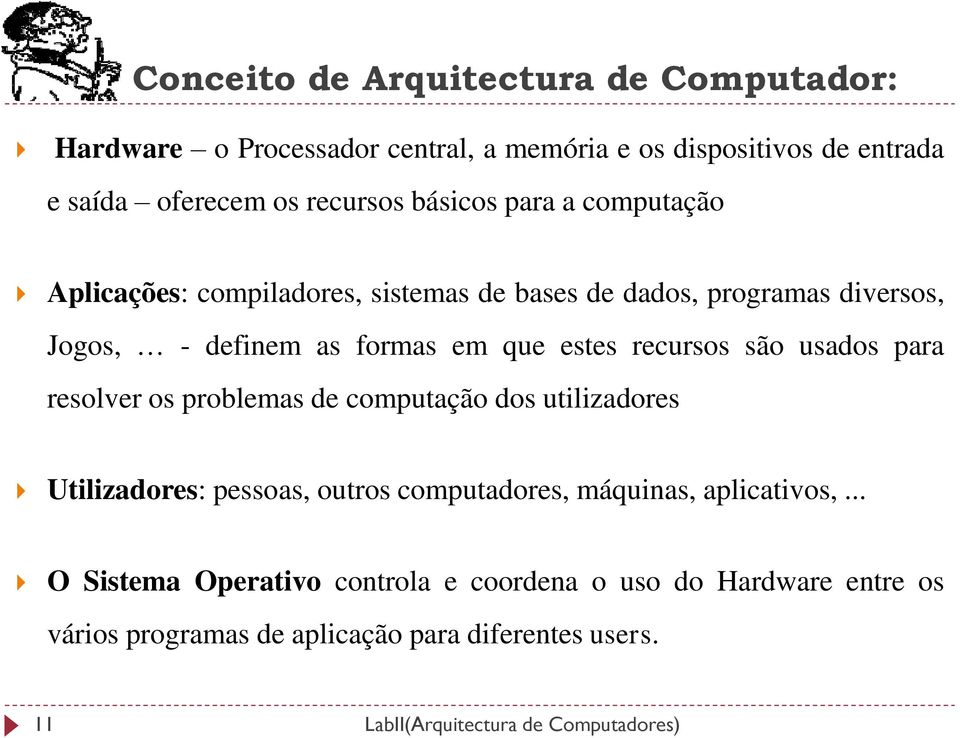 recursos são usados para resolver os problemas de computação dos utilizadores Utilizadores: pessoas, outros computadores, máquinas, aplicativos,.