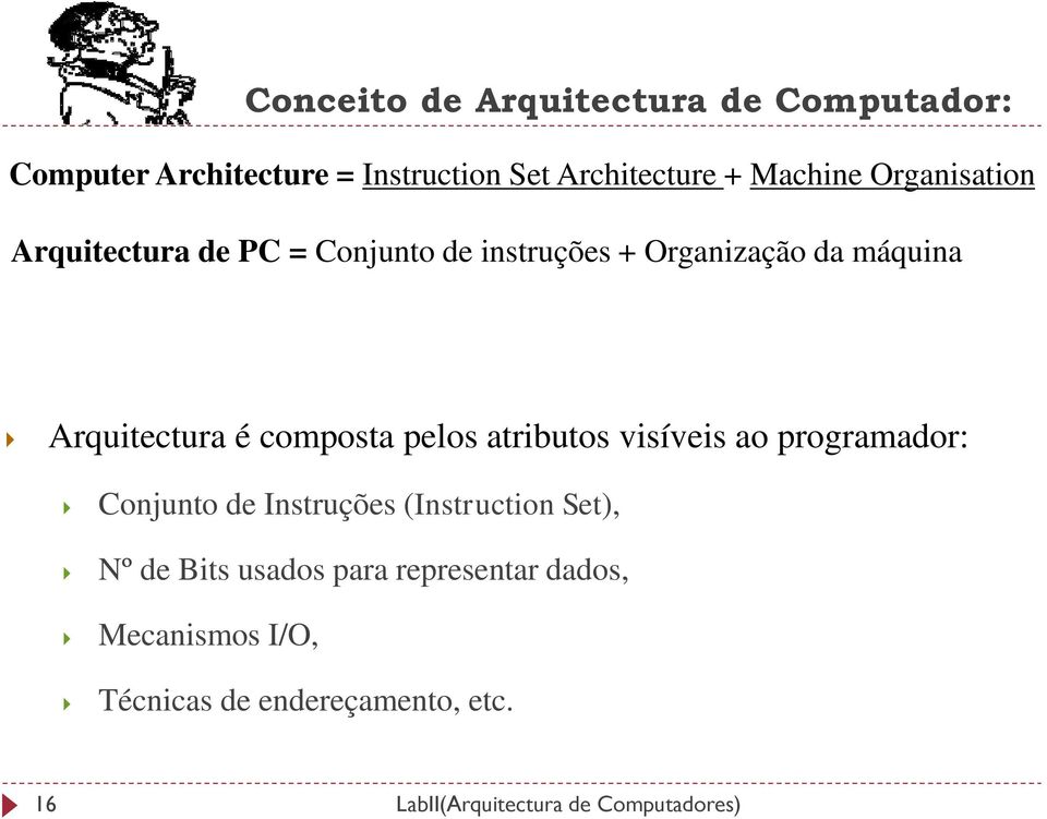 composta pelos atributos visíveis ao programador: Conjunto de Instruções (Instruction Set), Nº de Bits