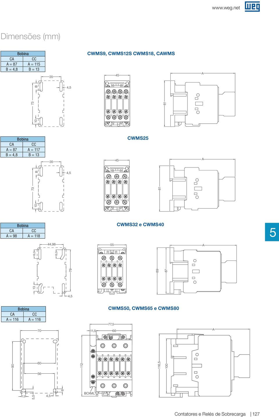 73 72, 73 10 12, B 10 Bobina CA CC A = 87 A = 117 B = 4,8 B = 13 3 4, 4 CWMS2 81 A Bobina CA CC A = 98