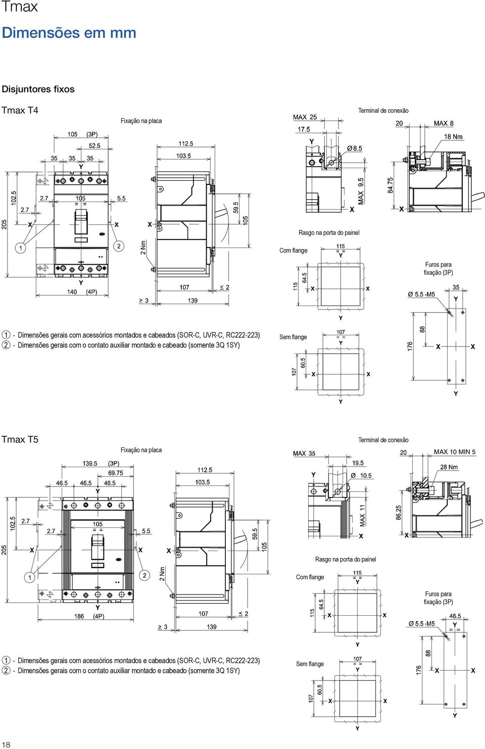 1SY) Sem flange Tmax T5 Fixação na placa Terminal de conexão MAX 10 MIN 5 Rasgo na porta do painel Com flange Furos para fixação (3P) = = 1 -  1SY) Sem