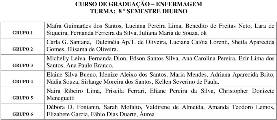 Michelly Leiva, Fernanda Dion, Edson Santos Silva, Ana Carolina Pereira, Ezir Lima dos Santos, Ana Paulo Branco.