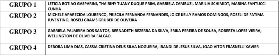 ROSELI GRAMS GRUBER DE OLIVEIRA GABRIELA PALMEIRA DOS SANTOS, BERNADETH BEZERRA DA SILVA, ERIKA PEREIRA DE SOUSA, ROBERTA LOPES