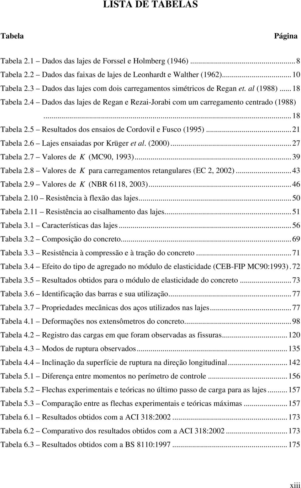 ..21 Tabela 2.6 Lajes ensaiadas por Krüger et al. (2)...27 Tabela 2.7 Valores de K (MC9, 1993)...39 Tabela 2.8 Valores de K para carregamentos retangulares (EC 2, 22)...43 Tabela 2.