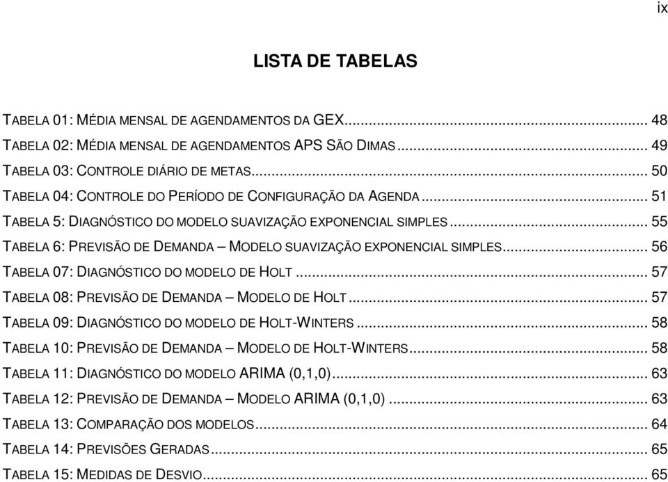 .. 55 TABELA 6: PREVISÃO DE DEMANDA MODELO SUAVIZAÇÃO EXPONENCIAL SIMPLES... 56 TABELA 07: DIAGNÓSTICO DO MODELO DE HOLT... 57 TABELA 08: PREVISÃO DE DEMANDA MODELO DE HOLT.