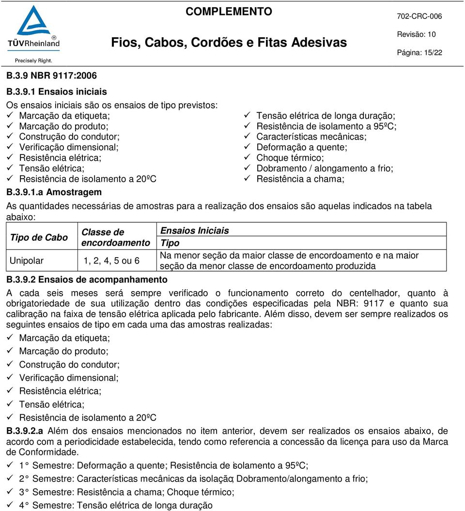 a Amostragem Tensão elétrica de longa duração; Resistência de isolamento a 95ºC; Características mecânicas; Deformação a quente; Choque térmico; Dobramento / alongamento a frio; Resistência a chama;