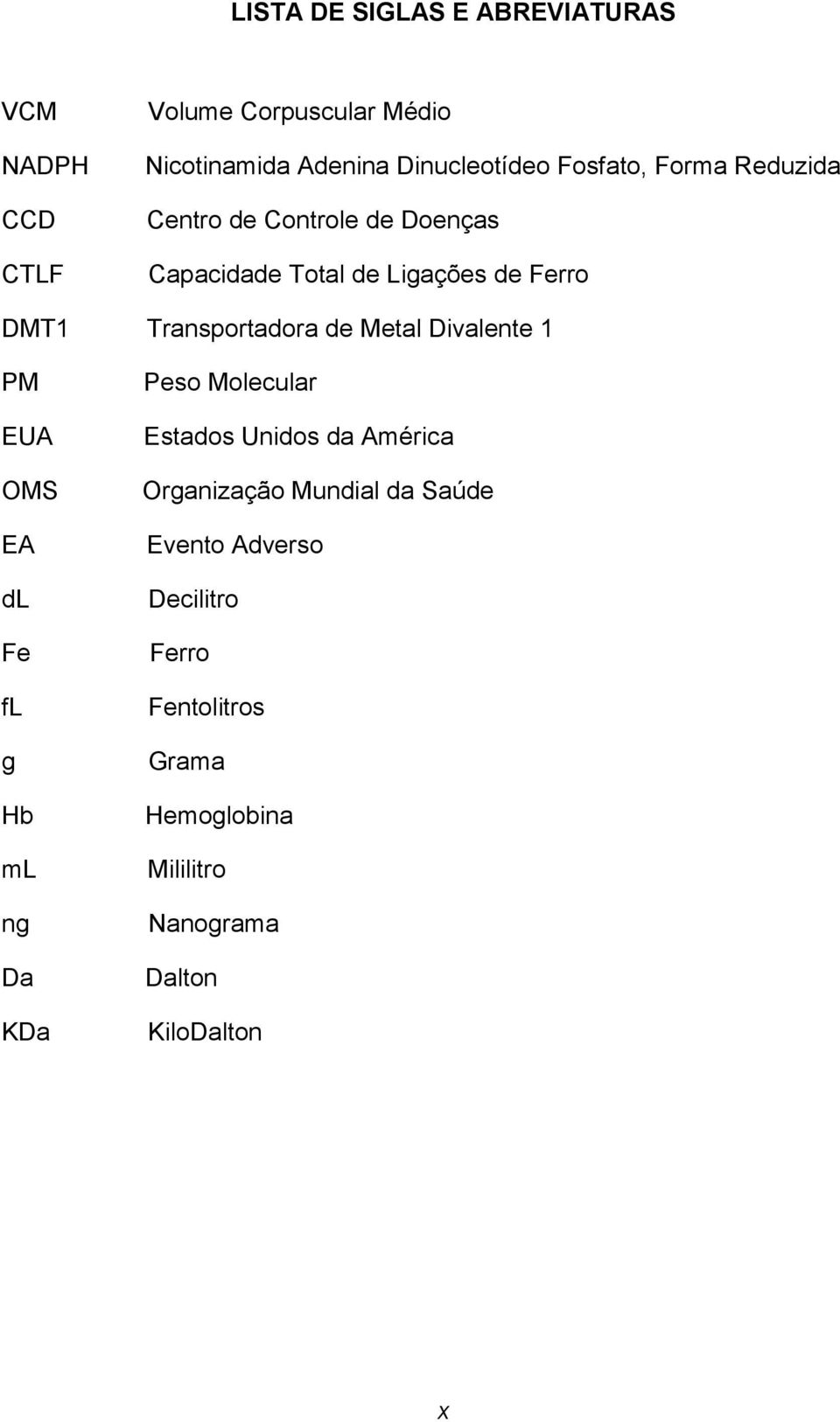 de Metal Divalente 1 PM EUA OMS EA dl Fe fl g Hb ml ng Da KDa Peso Molecular Estados Unidos da América