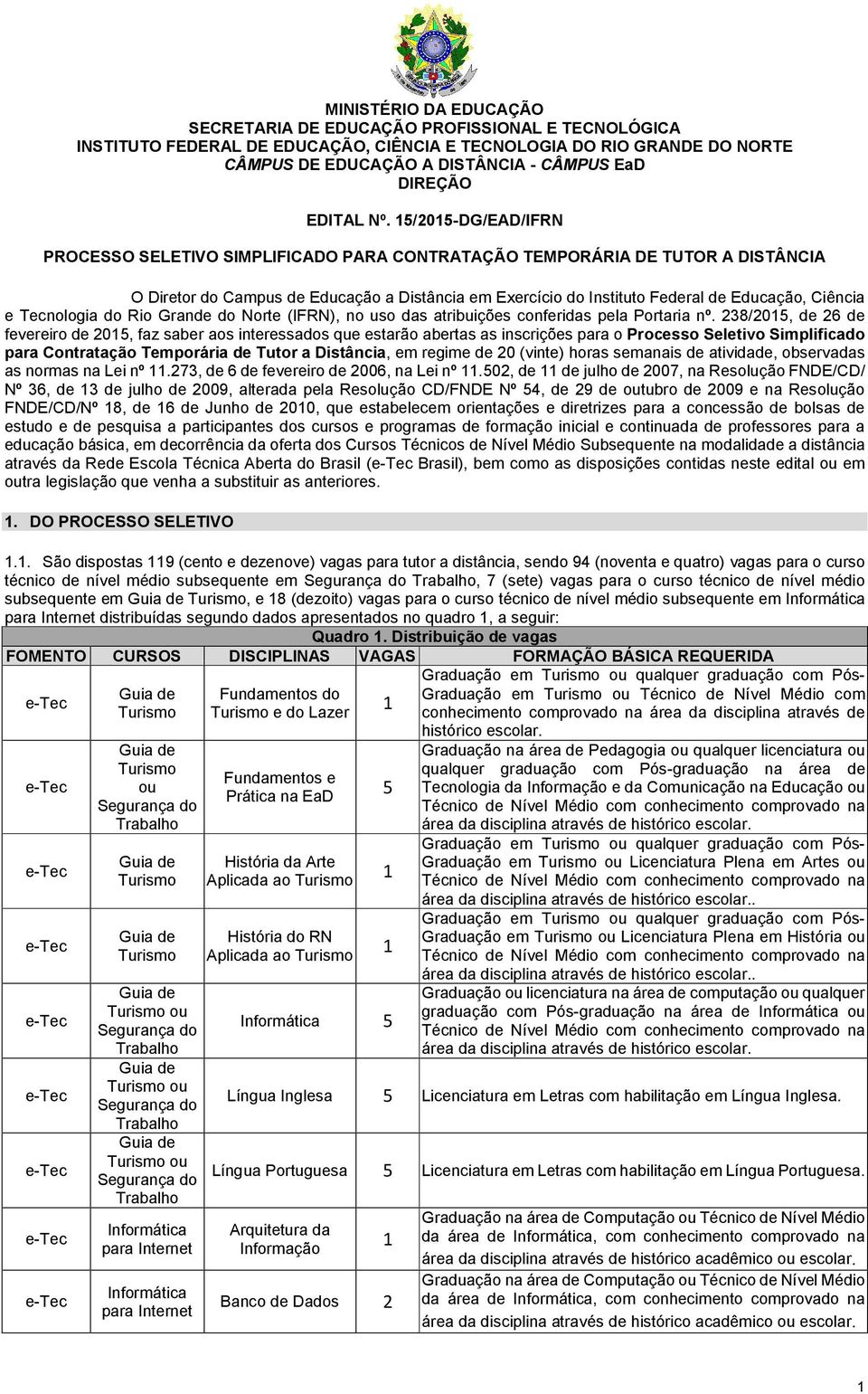 15/2015-DG/EAD/IFRN PROCESSO SELETIVO SIMPLIFICADO PARA CONTRATAÇÃO TEMPORÁRIA DE TUTOR A DISTÂNCIA O Diretor do Campus de Educação a Distância em Exercício do Instituto Federal de Educação, Ciência